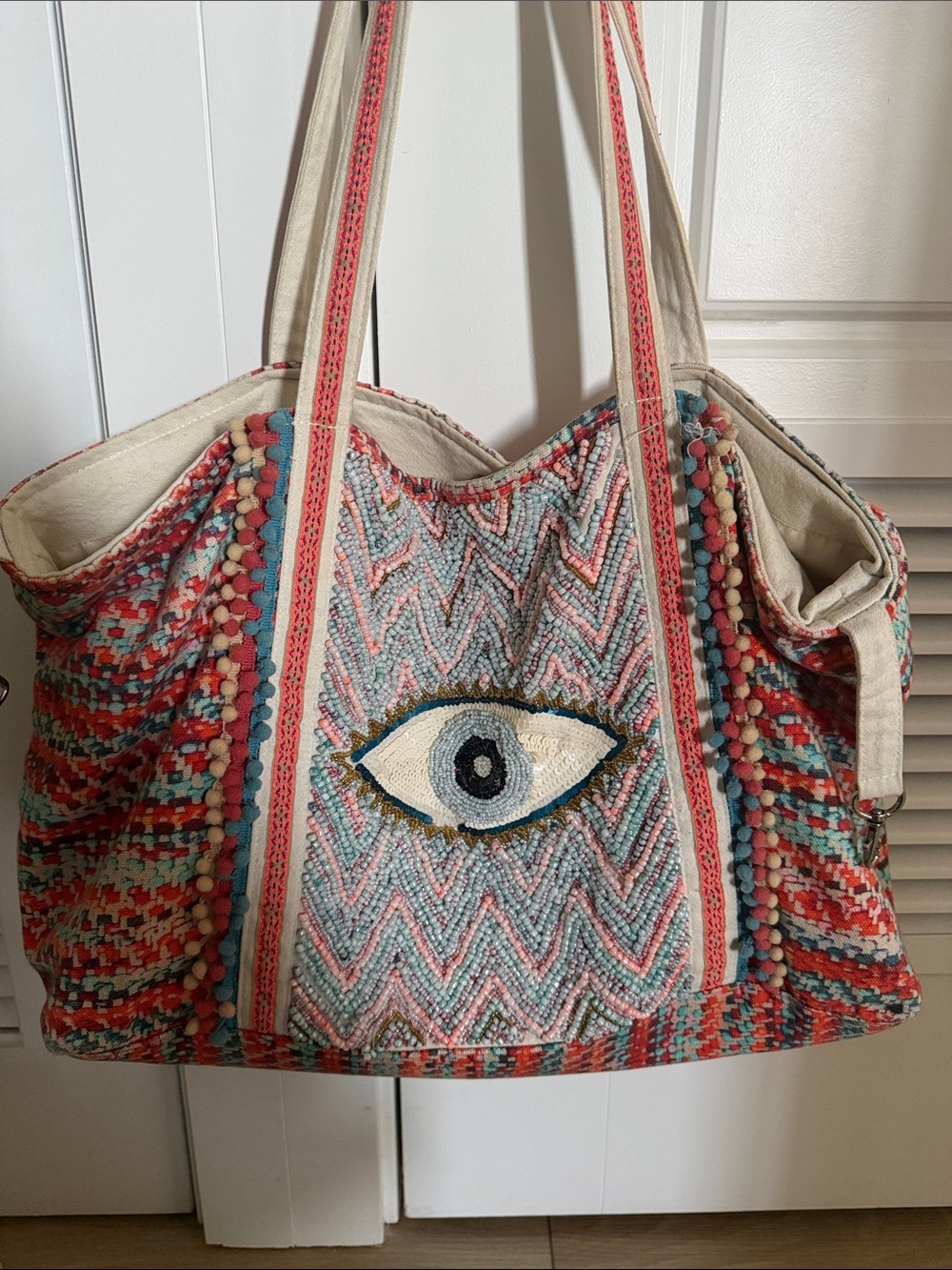 Boho Eye-Embroidered Canvas Tote Bag in Coral & Teal